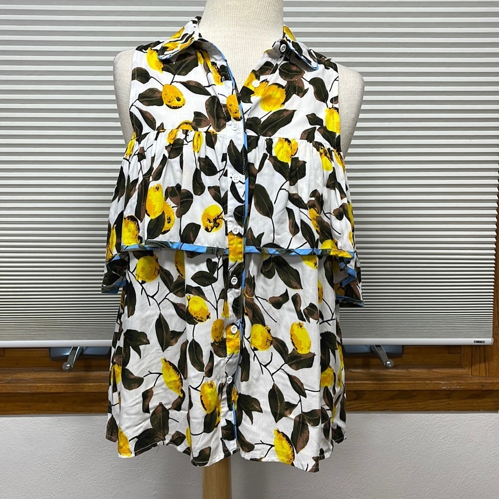 Entro NWT Off White Lemon Print Button Down Open Shoulder Ruffle Top